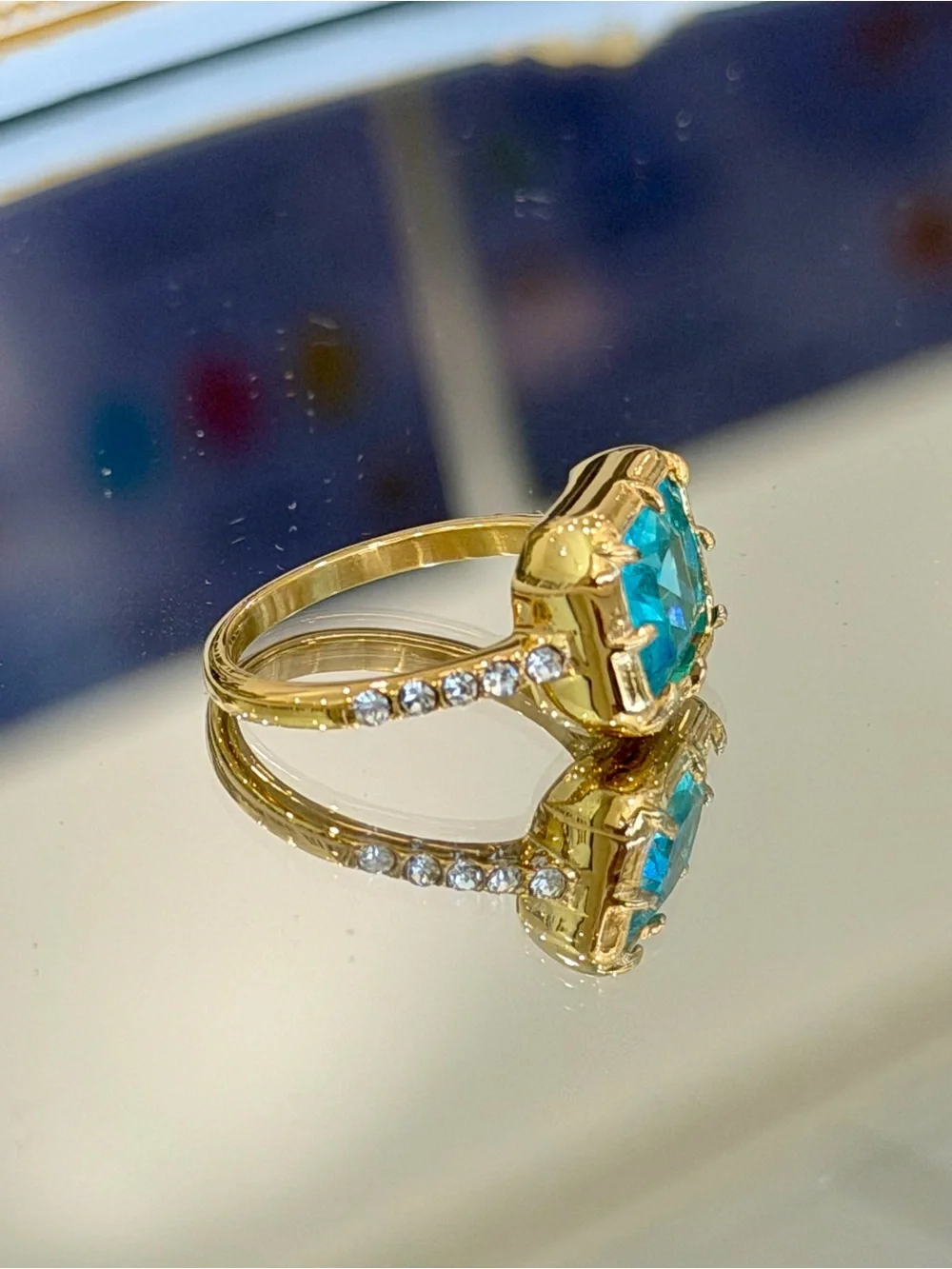 New Vintage-Inspired Emerald Cut Ocean Blue Gemstone Cocktail Ring 7